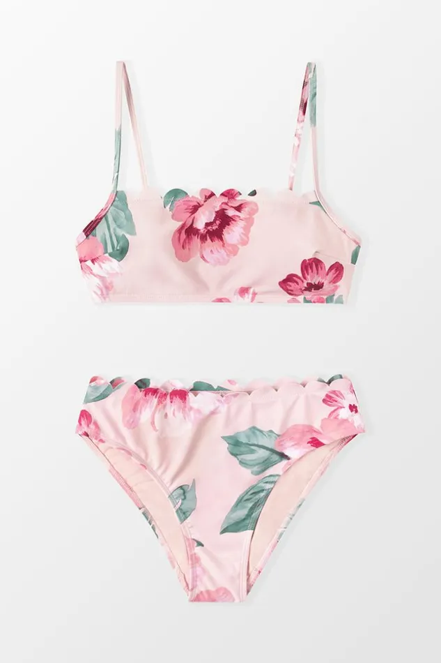 Women Bikini Sets Cupshe Inscribed Peony Scalloped Bralette And Hipster Bikini Set Multicolor
