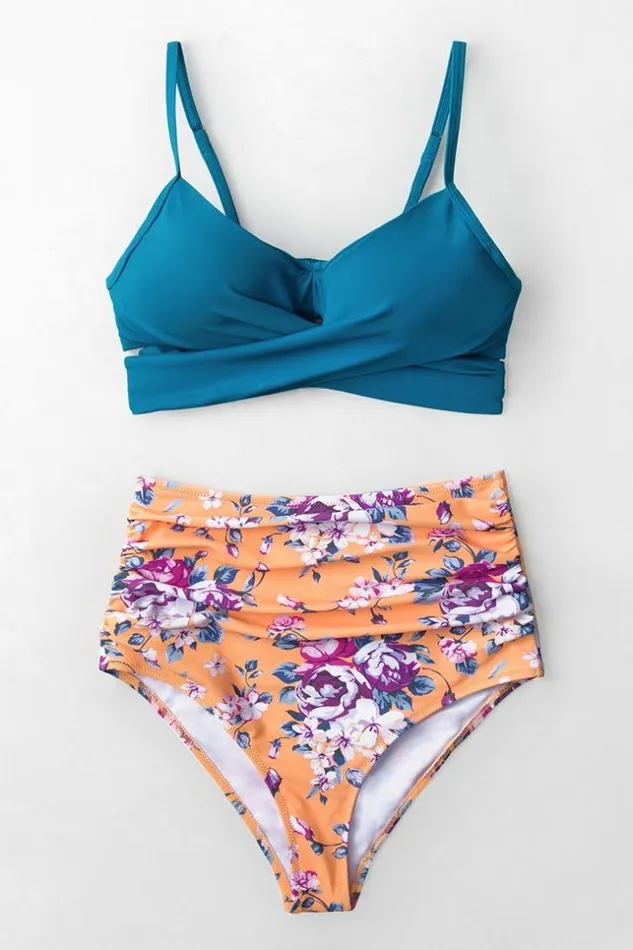 Women Bikini Sets Cupshe Summer Dream Blue Wrap And Floral High Waisted Bikini Multicolor