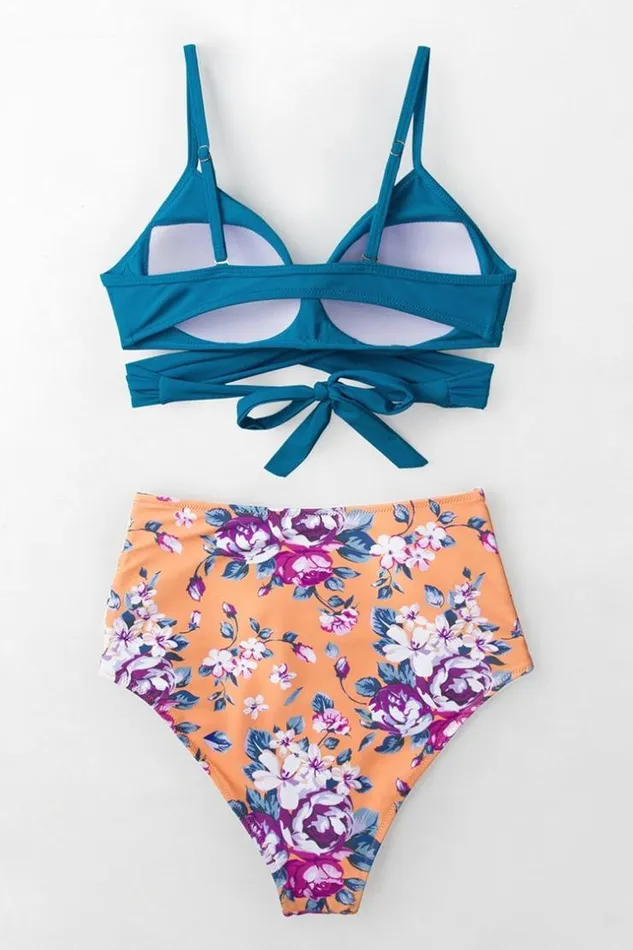 Women Bikini Sets Cupshe Summer Dream Blue Wrap And Floral High Waisted Bikini Multicolor