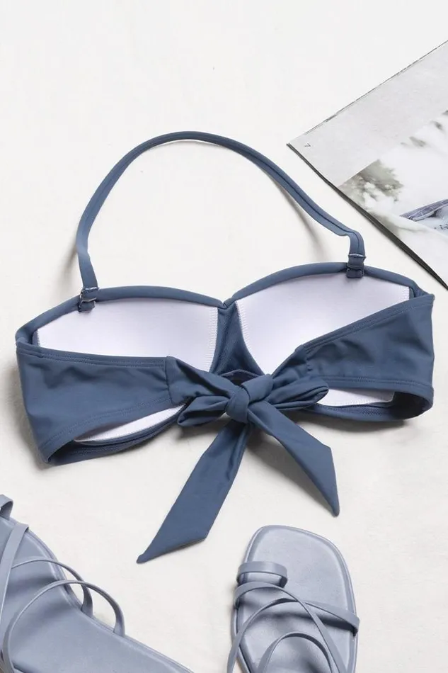 Women Bikini Tops Cupshe Kirstin Criss Cross Halter Bikini Top Navy