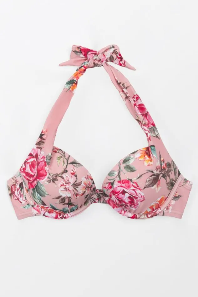 Women Bikini Tops Cupshe Rosy Outlook Molded Push Up Halter Bikini Top Pink