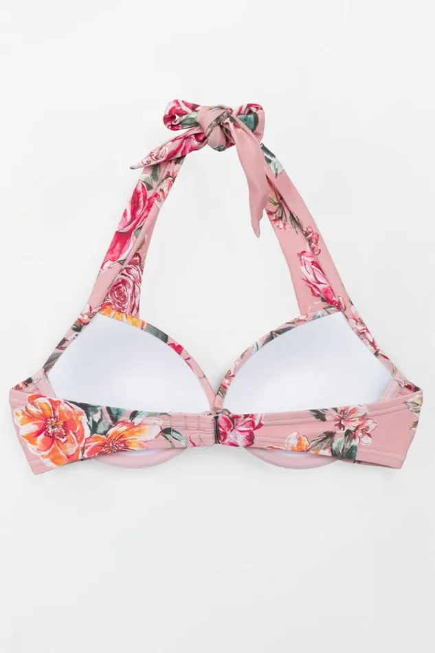 Women Bikini Tops Cupshe Rosy Outlook Molded Push Up Halter Bikini Top Pink
