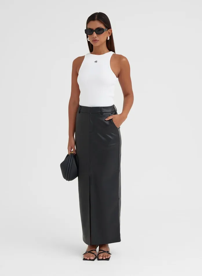 Women Black Split Front Faux Leather Midaxi Skirt 8211 Nimah 4th and Reckless Skirts