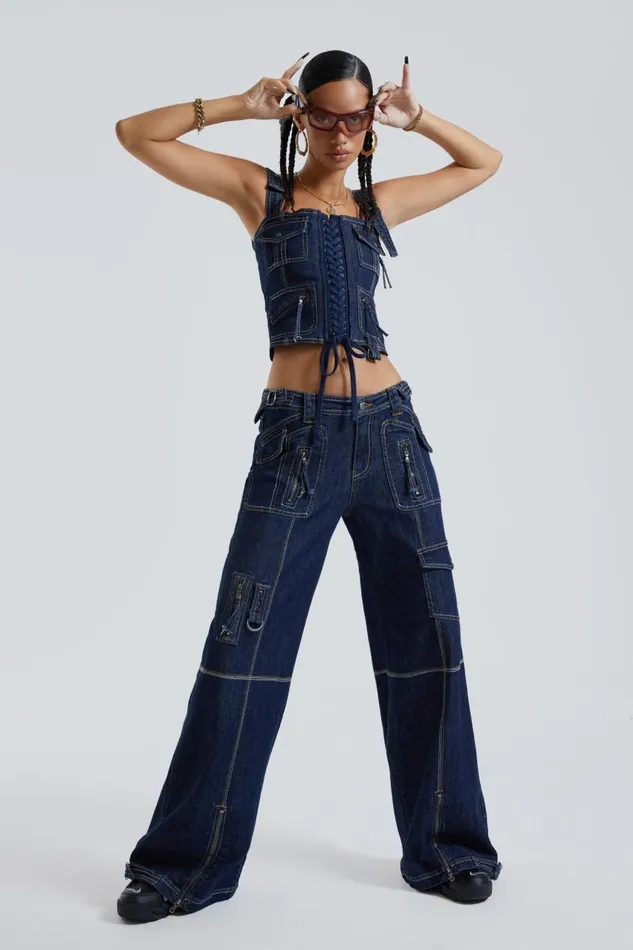 Women Blue Denim Cargo Trousers Jaded London Jeans