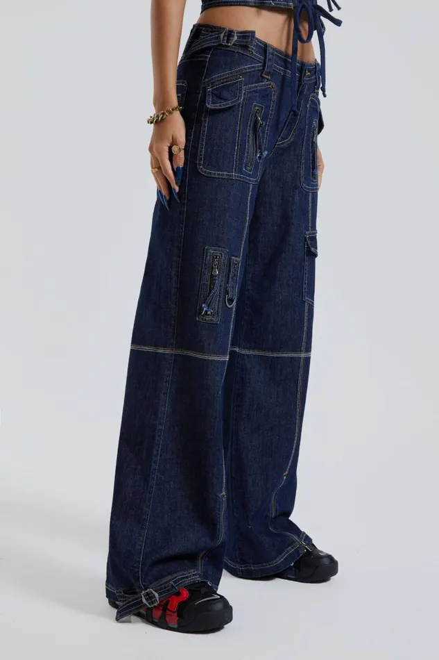 Women Blue Denim Cargo Trousers Jaded London Jeans
