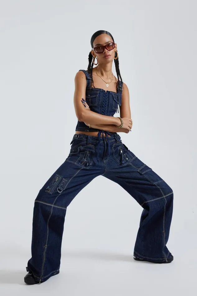 Women Blue Denim Cargo Trousers Jaded London Jeans