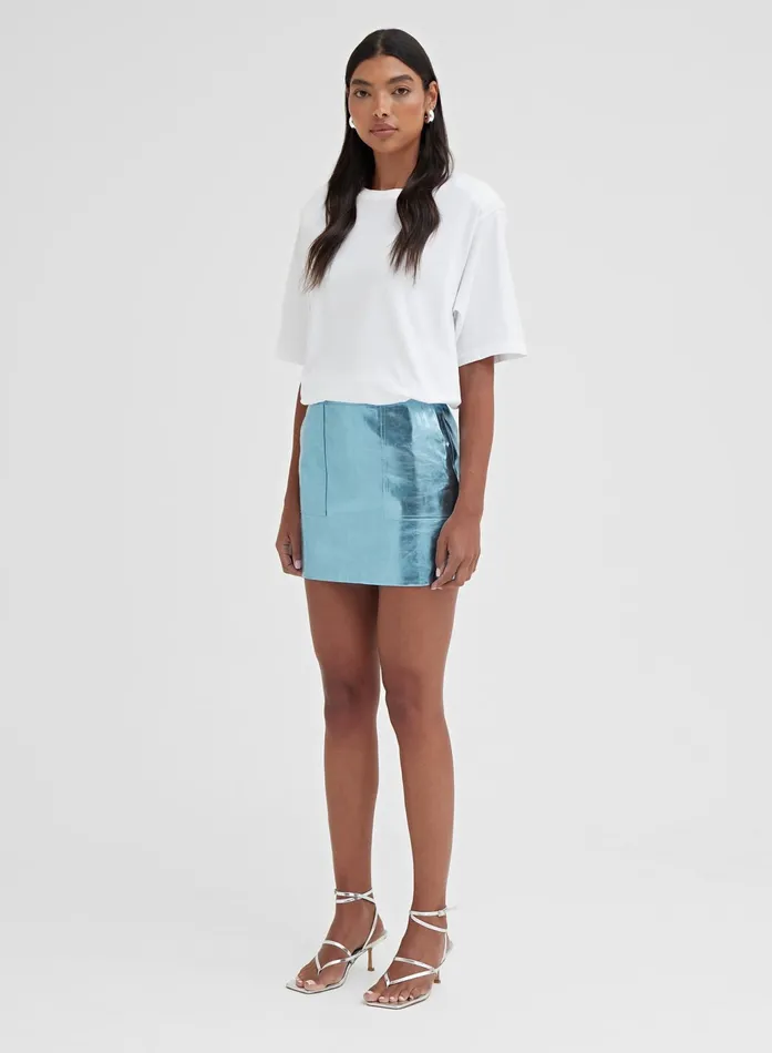 Women Blue Metallic Faux Leather Mini Skirt 8211 Kiki 4th and Reckless Skirts