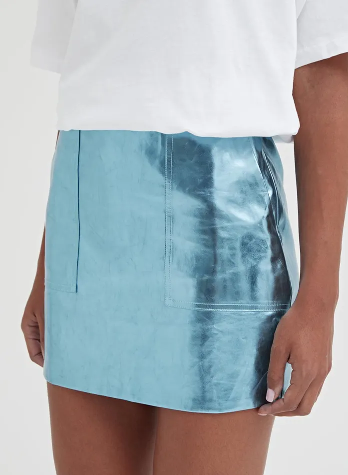 Women Blue Metallic Faux Leather Mini Skirt 8211 Kiki 4th and Reckless Skirts