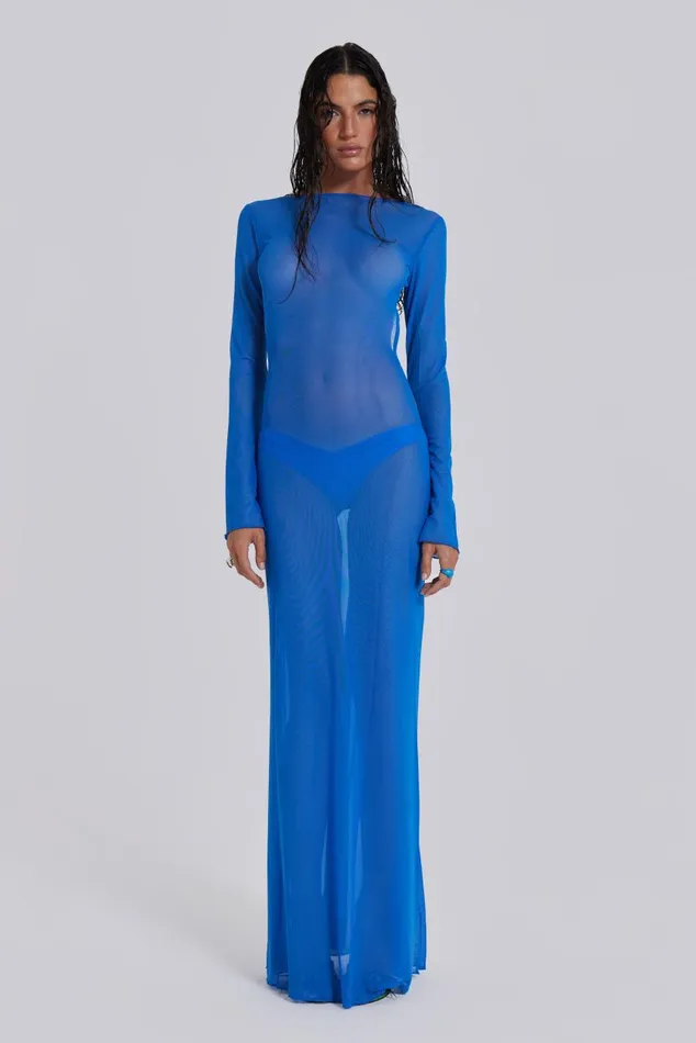 Women Blue Sheer Maxi Beach Dress Jaded London Beach Cover Ups