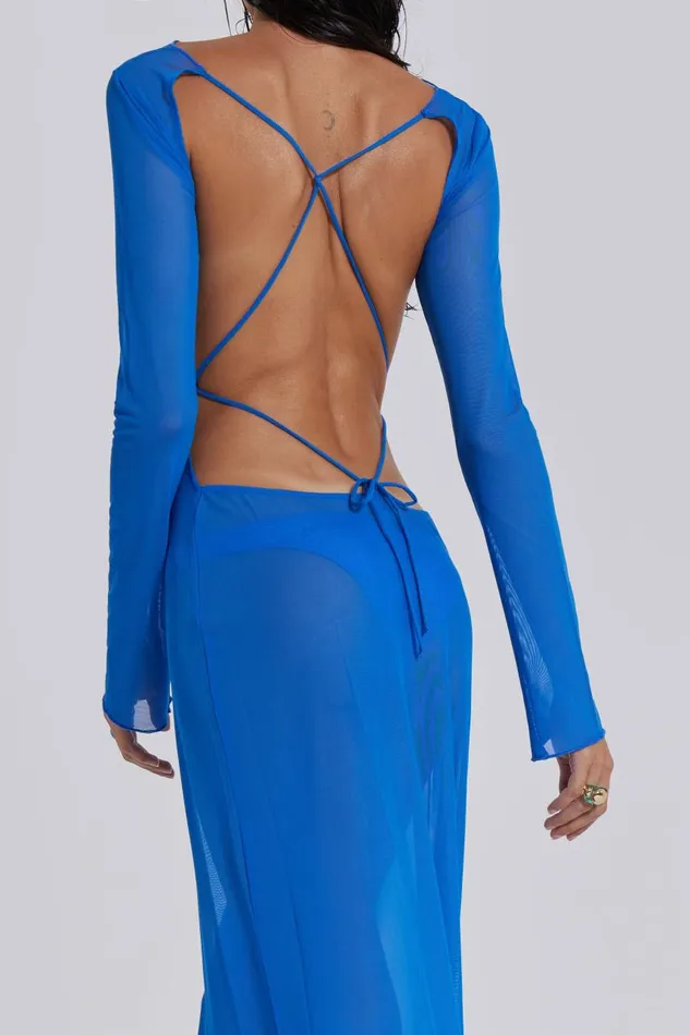 Women Blue Sheer Maxi Beach Dress Jaded London Beach Cover Ups