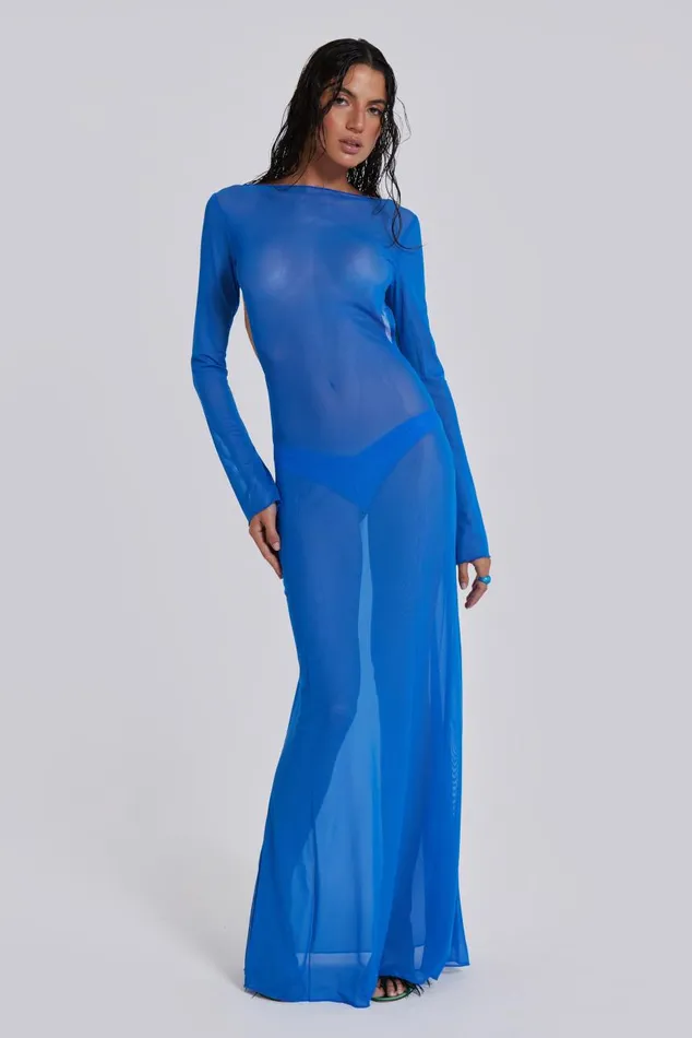 Women Blue Sheer Maxi Beach Dress Jaded London Beach Cover Ups
