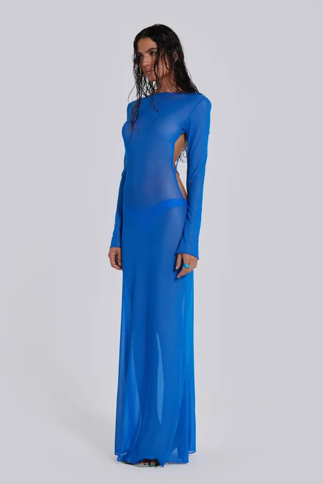 Women Blue Sheer Maxi Beach Dress Jaded London Beach Cover Ups