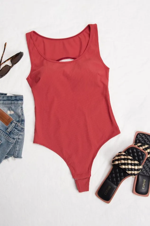 Women Bodysuits Cupshe Viviana Rib Cutout Bodysuit Aurora Red