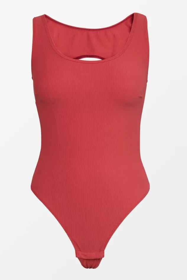 Women Bodysuits Cupshe Viviana Rib Cutout Bodysuit Aurora Red