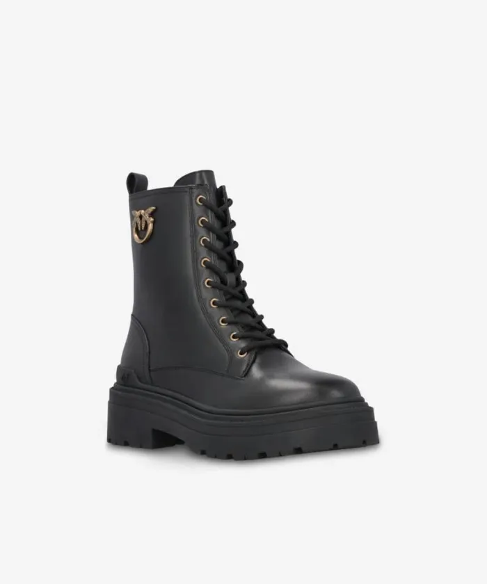 Women Boots Pinko Leather Combat Boots With Metal Logo Limo Black Women Boots Pinko Leather Combat Boots With Metal Logo Limo Black
