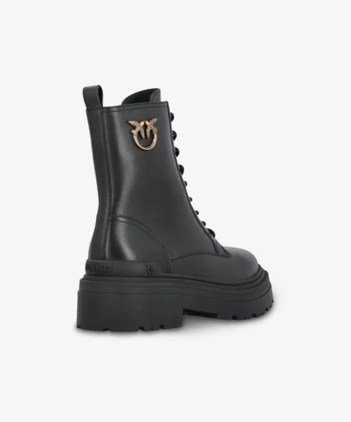 Women Boots Pinko Leather Combat Boots With Metal Logo Limo Black Women Boots Pinko Leather Combat Boots With Metal Logo Limo Black