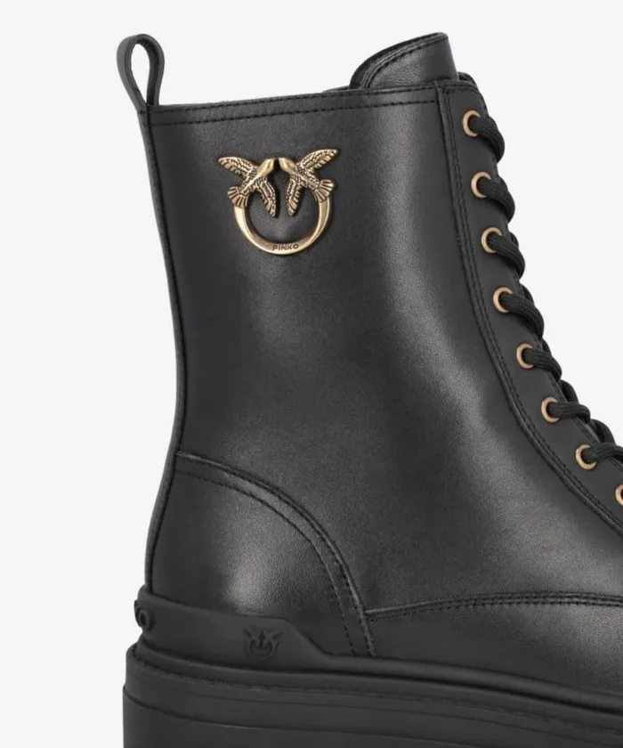 Women Boots Pinko Leather Combat Boots With Metal Logo Limo Black Women Boots Pinko Leather Combat Boots With Metal Logo Limo Black