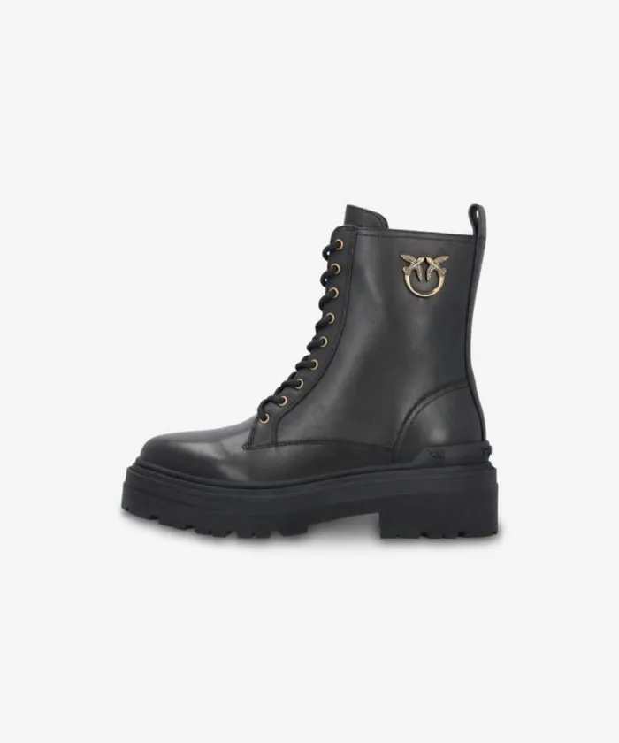 Women Boots Pinko Leather Combat Boots With Metal Logo Limo Black Women Boots Pinko Leather Combat Boots With Metal Logo Limo Black