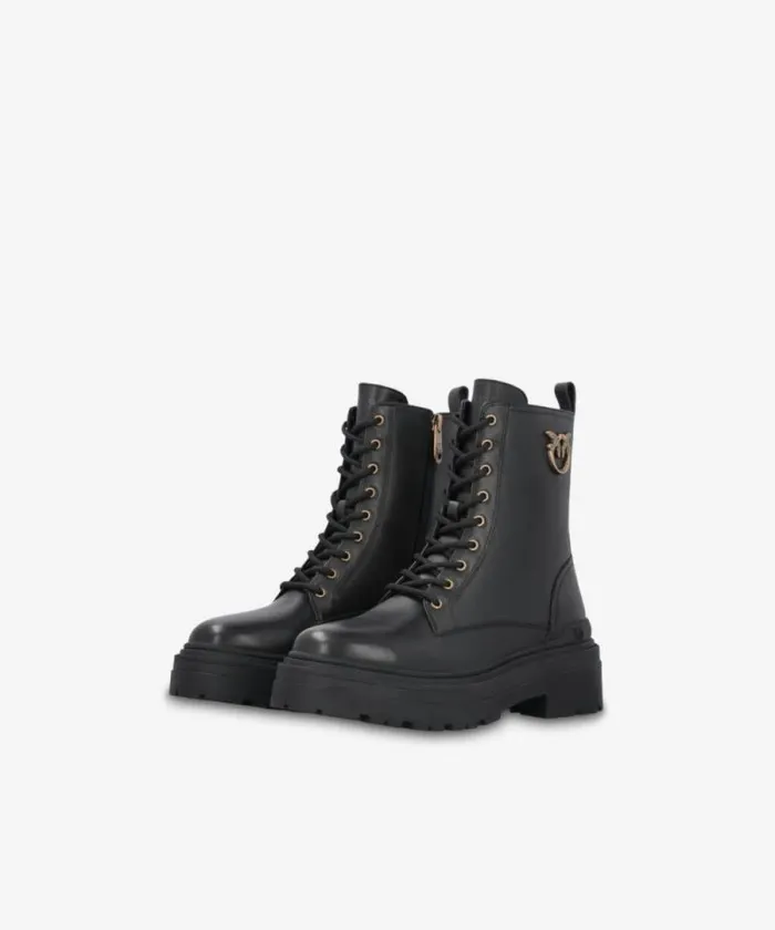 Women Boots Pinko Leather Combat Boots With Metal Logo Limo Black Women Boots Pinko Leather Combat Boots With Metal Logo Limo Black