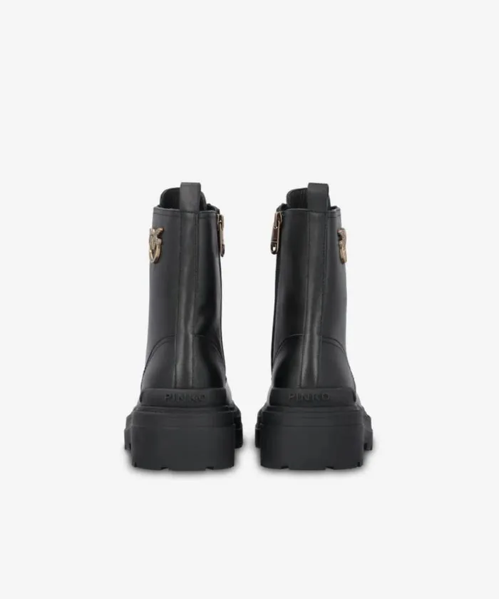 Women Boots Pinko Leather Combat Boots With Metal Logo Limo Black Women Boots Pinko Leather Combat Boots With Metal Logo Limo Black