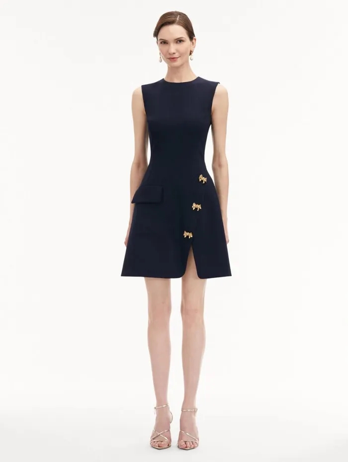 Women Bow Button Split Skirt Dress Navy Oscar De La Renta Dresses Women Bow Button Split Skirt Dress Navy Oscar De La Renta Dresses