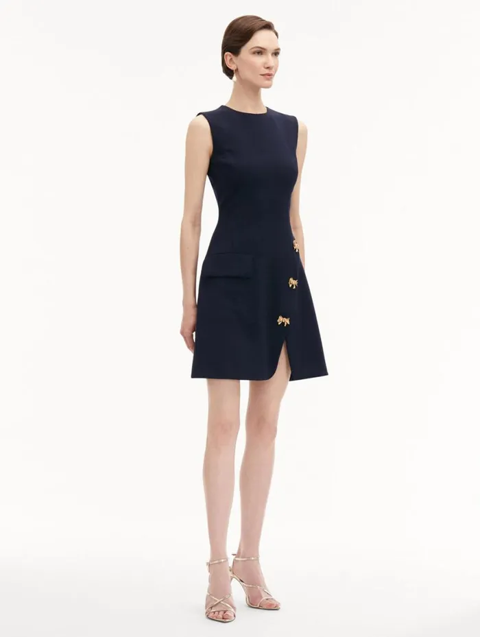 Women Bow Button Split Skirt Dress Navy Oscar De La Renta Dresses Women Bow Button Split Skirt Dress Navy Oscar De La Renta Dresses