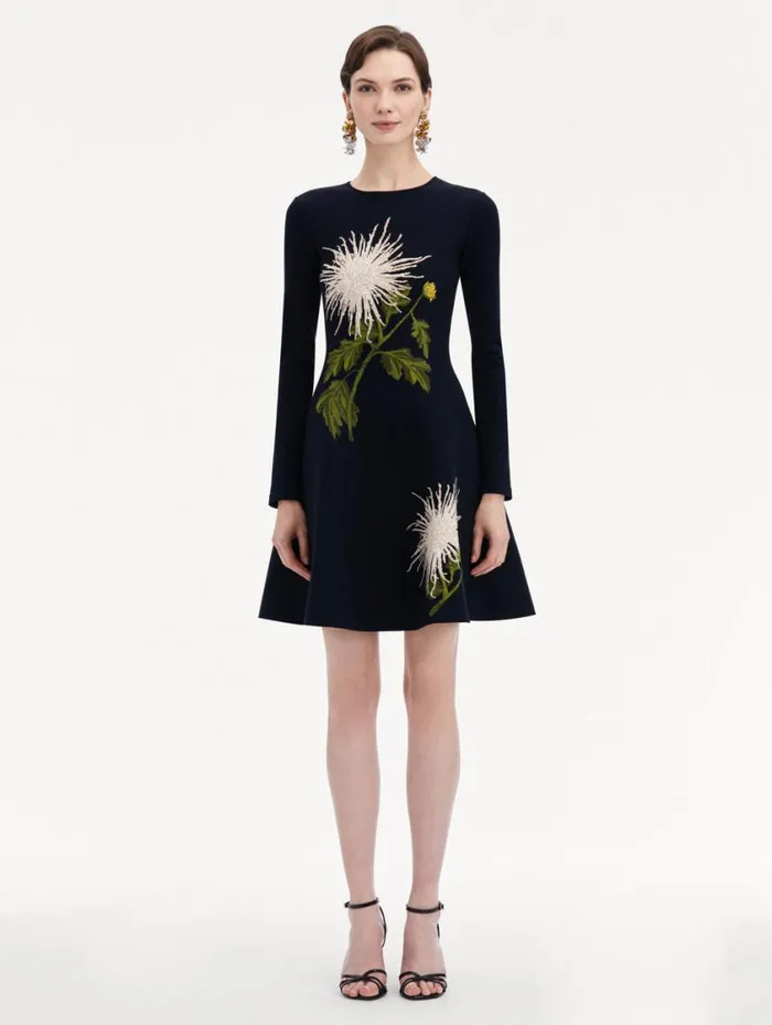 Women Chrysanthemum Jacquard Long Sleeve Dress White Navy Oscar De La Renta Dresses Women Chrysanthemum Jacquard Long Sleeve Dress White Navy Oscar De La Renta Dresses