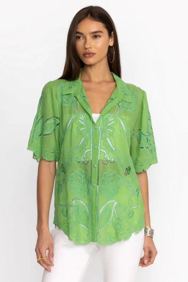 Women CHRYSSIE BUTTON UP BLOUSE Kelly Green Johnny Was Tops Women CHRYSSIE BUTTON UP BLOUSE Kelly Green Johnny Was Tops