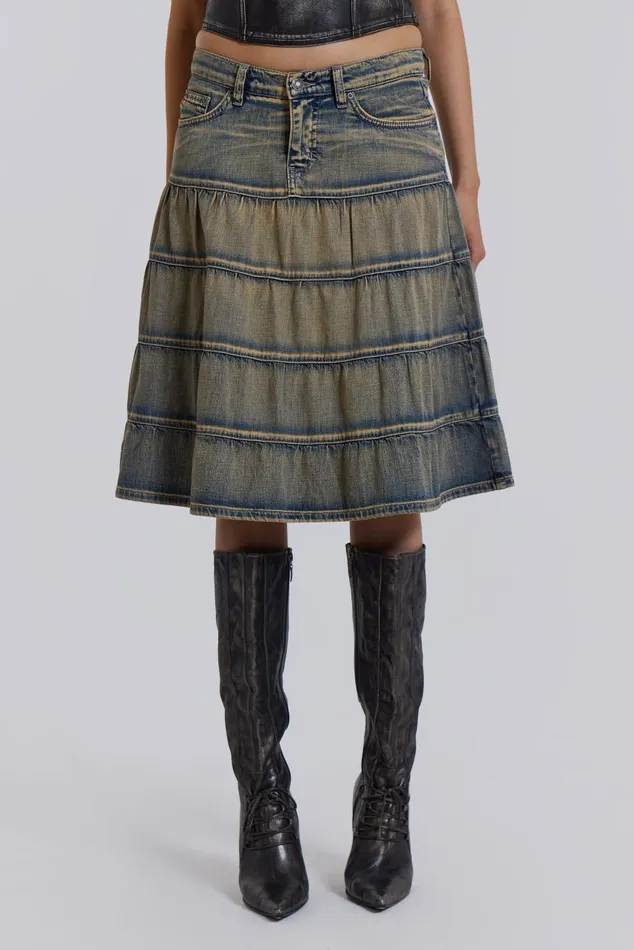 Women Denim Prairie Midi Skirt Jaded London Denim Skirts