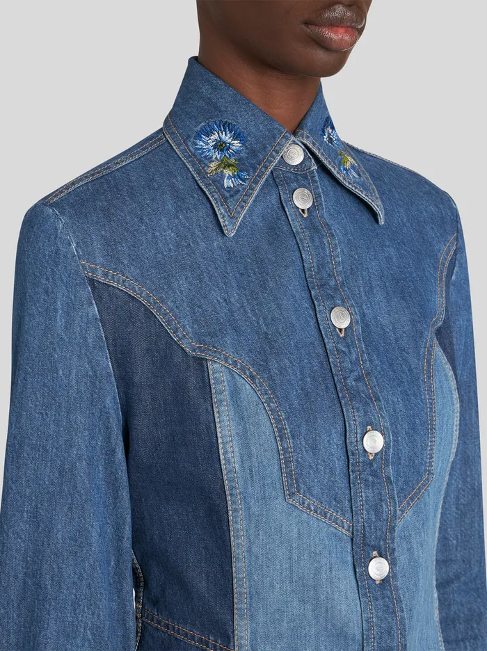 Women Denim Shirt With Embroidery Etro Shirts And Blouses