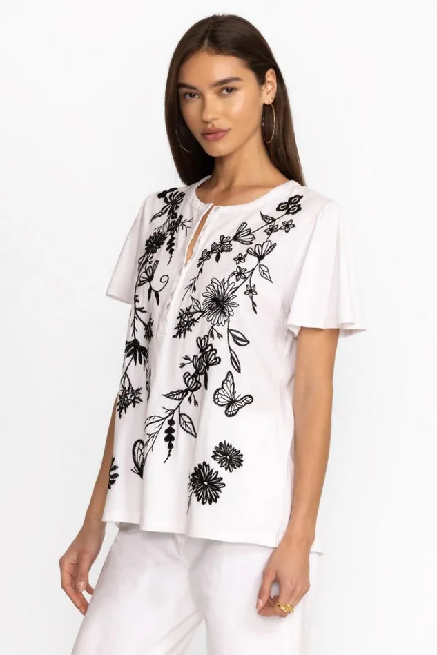 Women DOMINGO FLUTTER SLEEVE HENLEY TEE White Johnny Was Tops Women DOMINGO FLUTTER SLEEVE HENLEY TEE White Johnny Was Tops