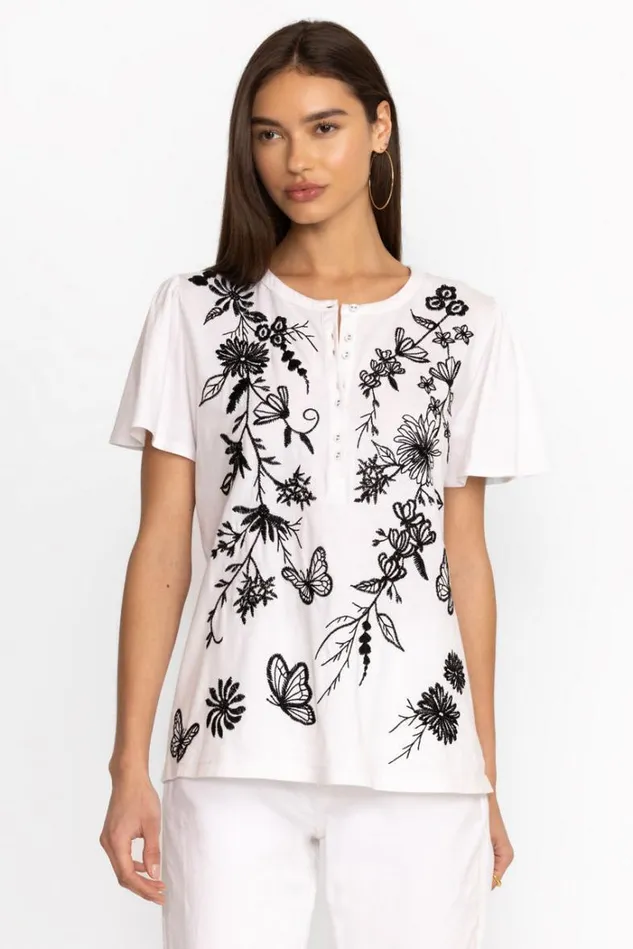 Women DOMINGO FLUTTER SLEEVE HENLEY TEE White Johnny Was Tops Women DOMINGO FLUTTER SLEEVE HENLEY TEE White Johnny Was Tops