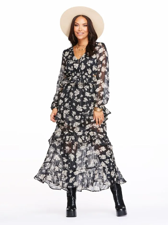 Women Dresses Jessica Simpson Baianca Maxi Dress In Pressed Florets Black