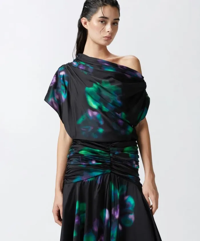 Women Dresses Pinko Fadeeffect Midi Dress With Floral Print And Draping Blackgreen Women Dresses Pinko Fadeeffect Midi Dress With Floral Print And Draping Blackgreen