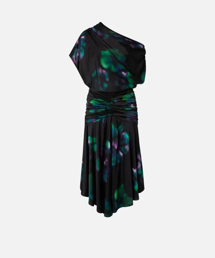 Women Dresses Pinko Fadeeffect Midi Dress With Floral Print And Draping Blackgreen Women Dresses Pinko Fadeeffect Midi Dress With Floral Print And Draping Blackgreen