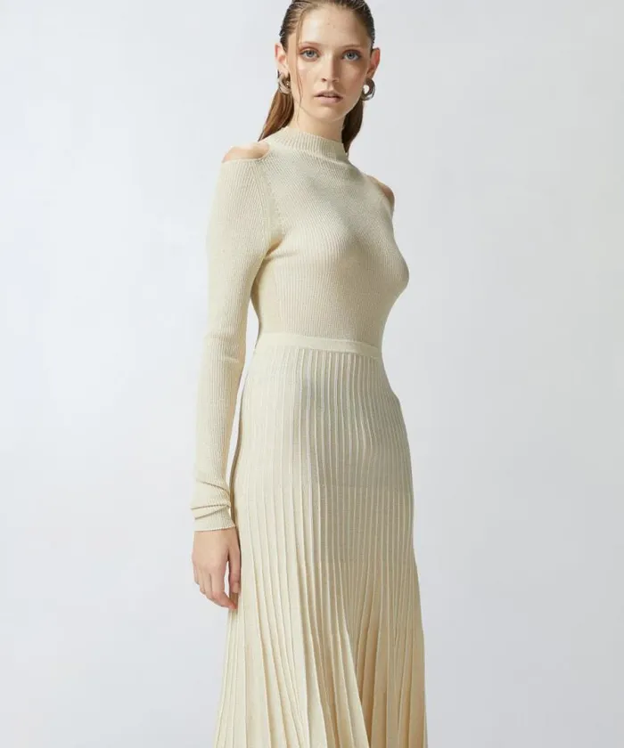 Women Dresses Pinko Knit Dress With Open Shoulders Whitegold Women Dresses Pinko Knit Dress With Open Shoulders Whitegold