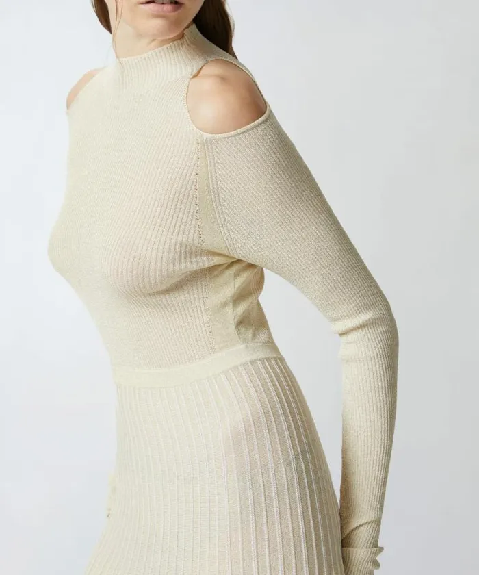 Women Dresses Pinko Knit Dress With Open Shoulders Whitegold Women Dresses Pinko Knit Dress With Open Shoulders Whitegold