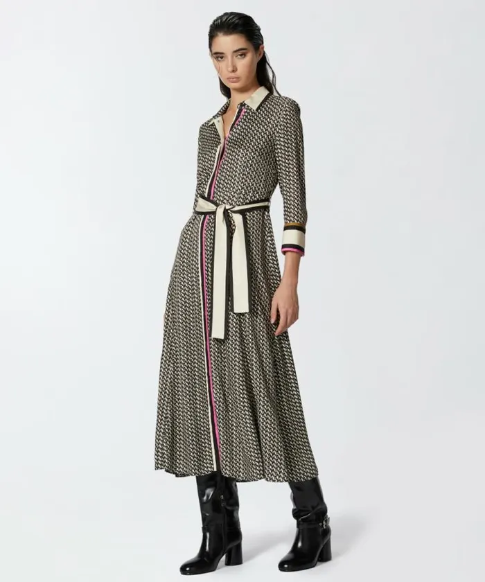 Women Dresses Pinko Long Shirt Dress With Foulard Print Multi Beigeblack Women Dresses Pinko Long Shirt Dress With Foulard Print Multi Beigeblack