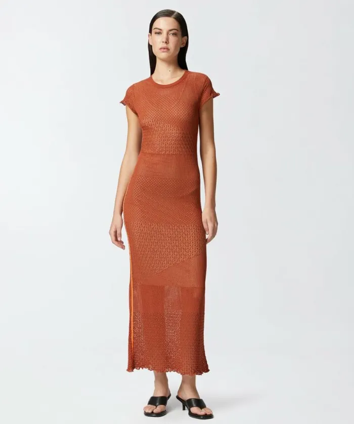 Women Dresses Pinko Long Summer Dress With Openwork Pattern Sierra Brown Women Dresses Pinko Long Summer Dress With Openwork Pattern Sierra Brown