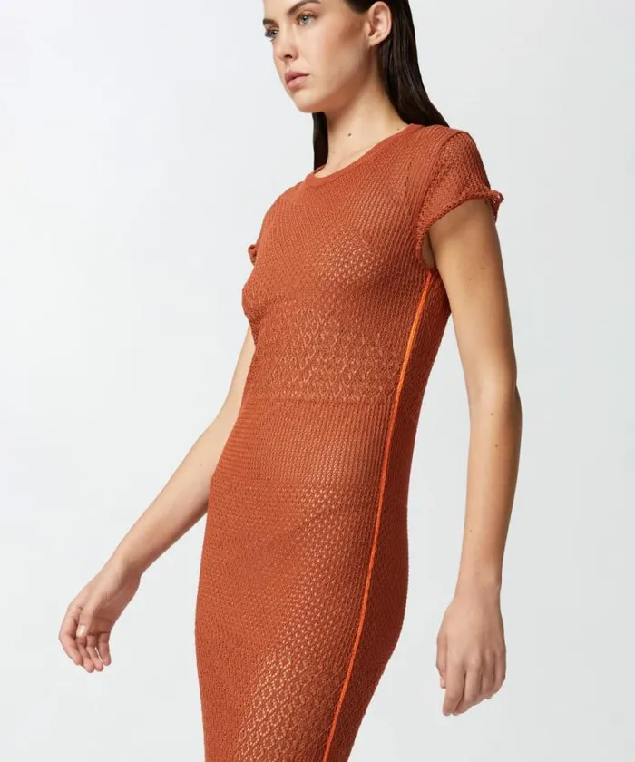 Women Dresses Pinko Long Summer Dress With Openwork Pattern Sierra Brown Women Dresses Pinko Long Summer Dress With Openwork Pattern Sierra Brown