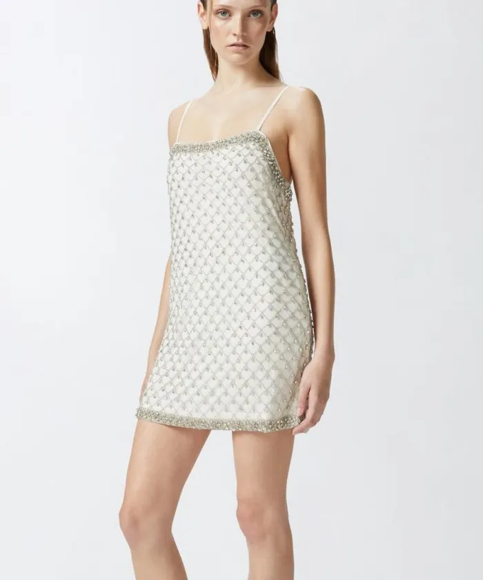 Women Dresses Pinko Mini Dress With Spaghetti Straps And Crystal Mesh Embroidery Whitecrystal Women Dresses Pinko Mini Dress With Spaghetti Straps And Crystal Mesh Embroidery Whitecrystal