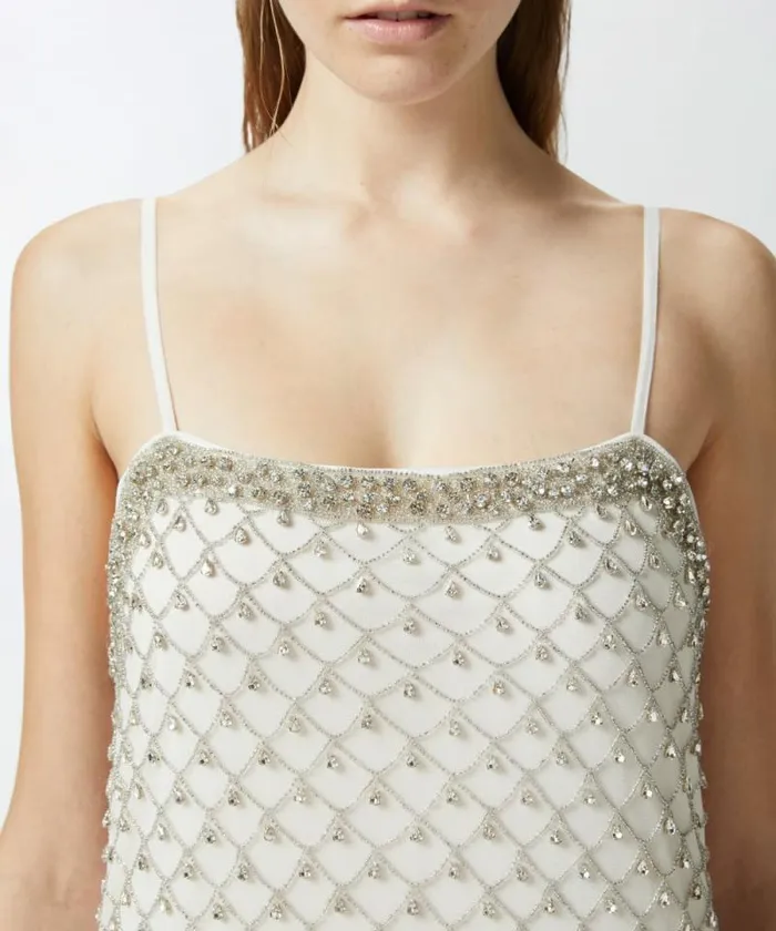 Women Dresses Pinko Mini Dress With Spaghetti Straps And Crystal Mesh Embroidery Whitecrystal Women Dresses Pinko Mini Dress With Spaghetti Straps And Crystal Mesh Embroidery Whitecrystal