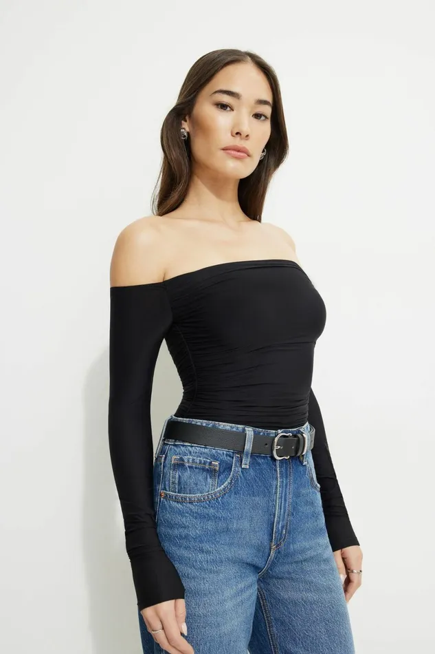Women Dynamite Bodysuits Ruched Off Shoulder Jersey Bodysuit Black