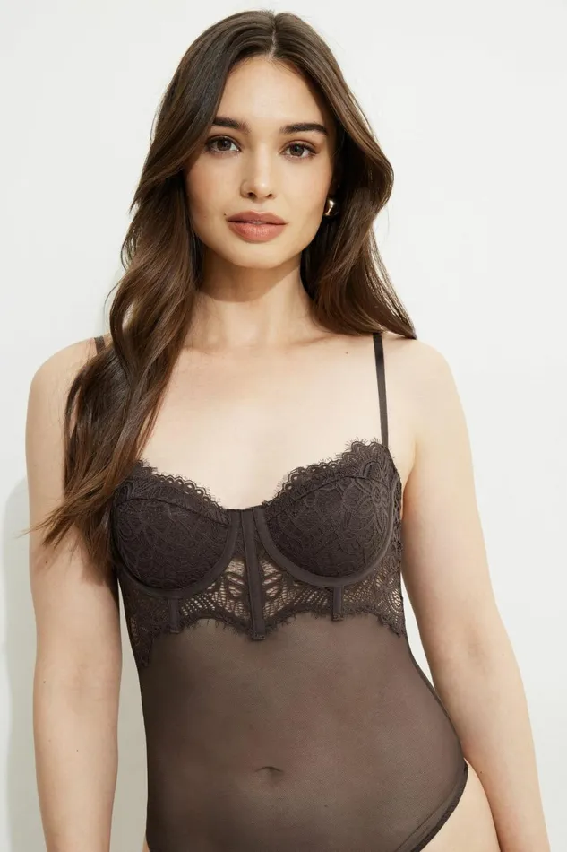 Women Dynamite Bodysuits Sheer Lace Bustier Bodysuit Brown
