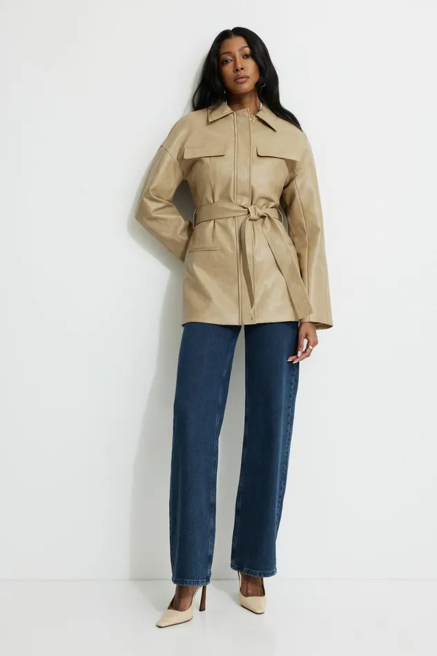 Women Dynamite Coats and Jackets Belted Faux Leather Jacket Beige