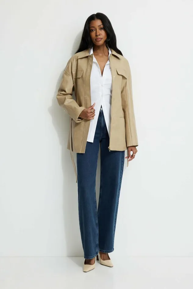 Women Dynamite Coats and Jackets Belted Faux Leather Jacket Beige