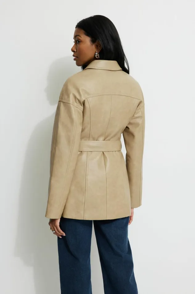 Women Dynamite Coats and Jackets Belted Faux Leather Jacket Beige