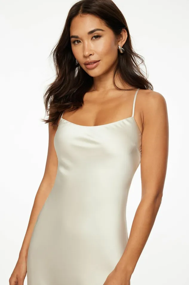 Women Dynamite Dresses and Jumpsuits Adelia Satin Maxi Slip Dress Beige
