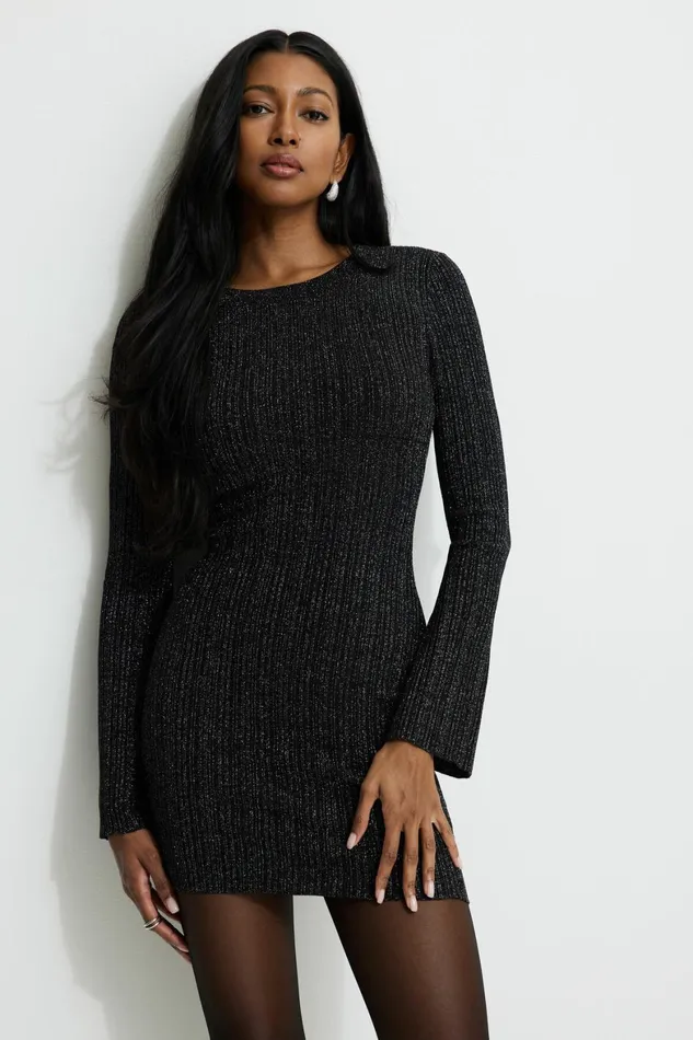 Women Dynamite Dresses and Jumpsuits Ribbed Metallic Mini Dress Black