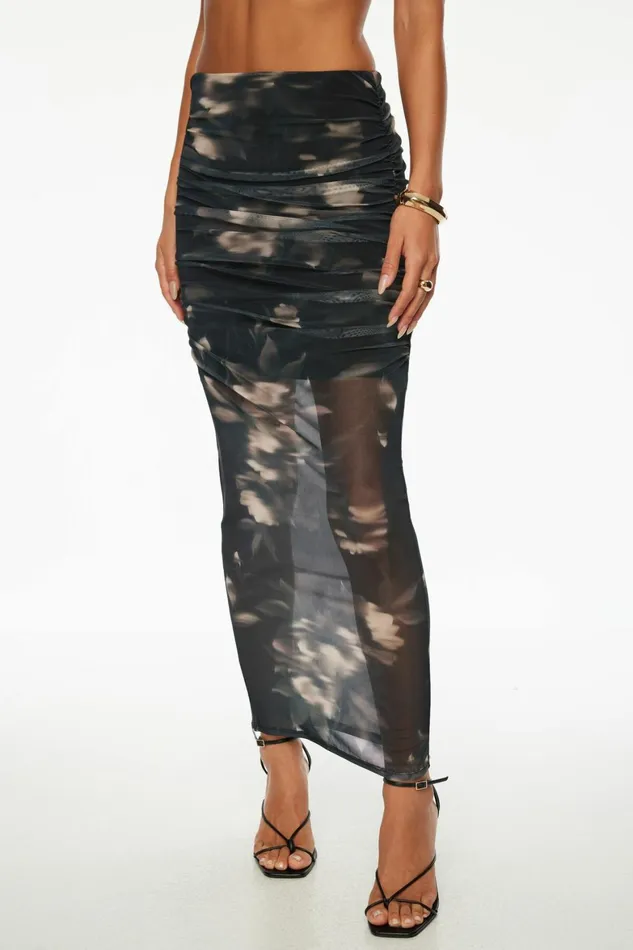 Women Dynamite Skirts and Skorts Ruched Mesh Maxi Skirt Black